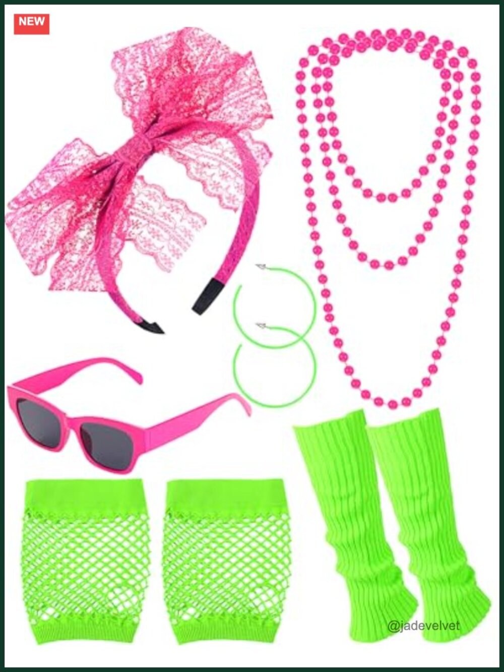 80s Costume Accessory Set Fishnet Gloves Lace Headband Neon Necklace Sunglasses
